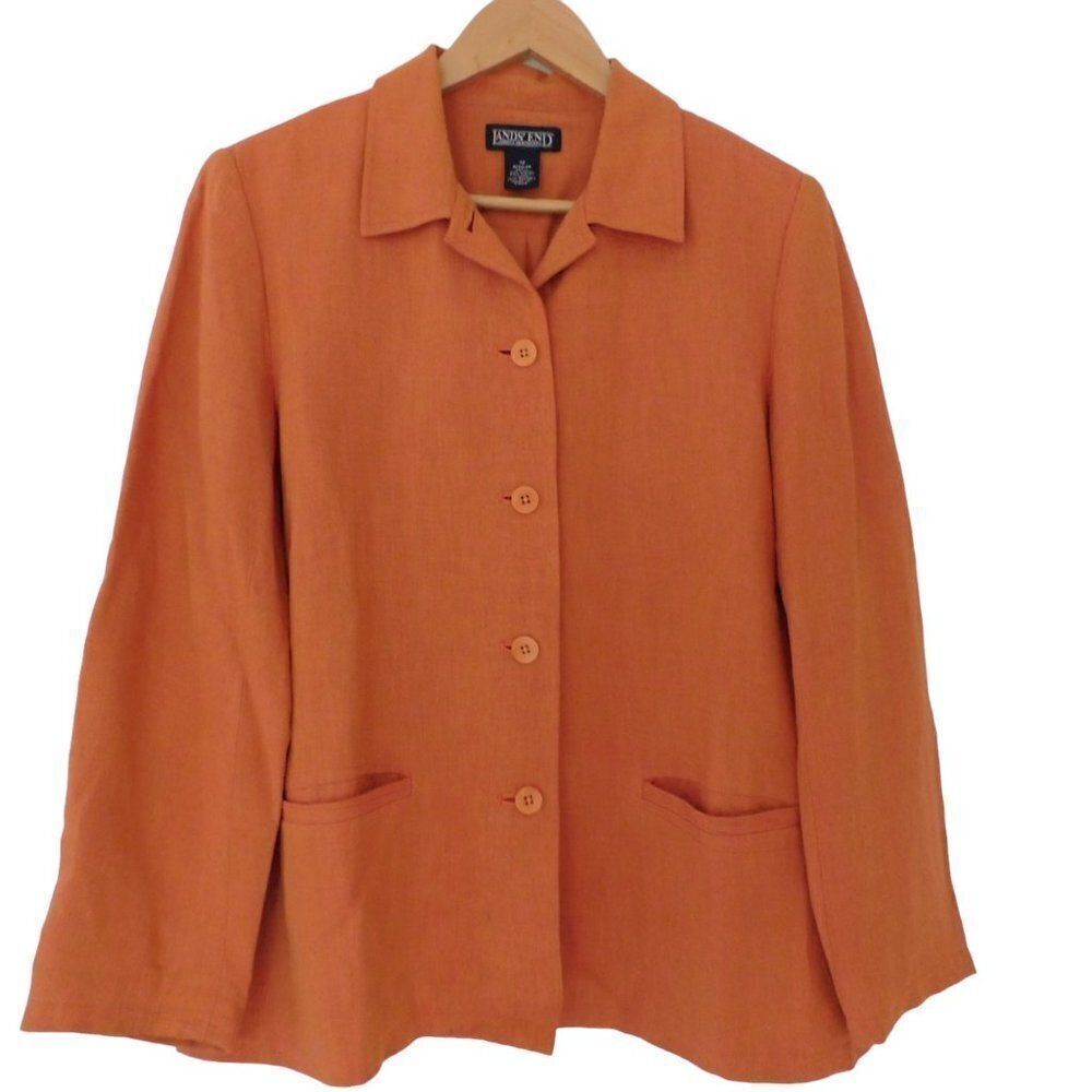Lands End‎ Linen Jacket Blazer Lined Orange Button Front Size 12 Career